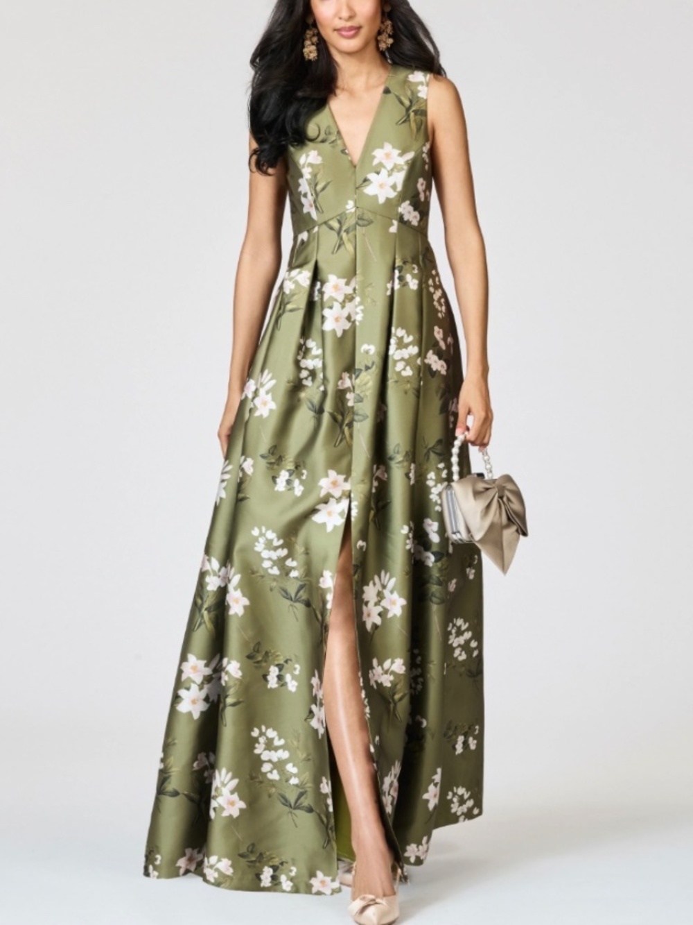Sachin + Babi Olive Floral Satin V-Neck Maxi Dress